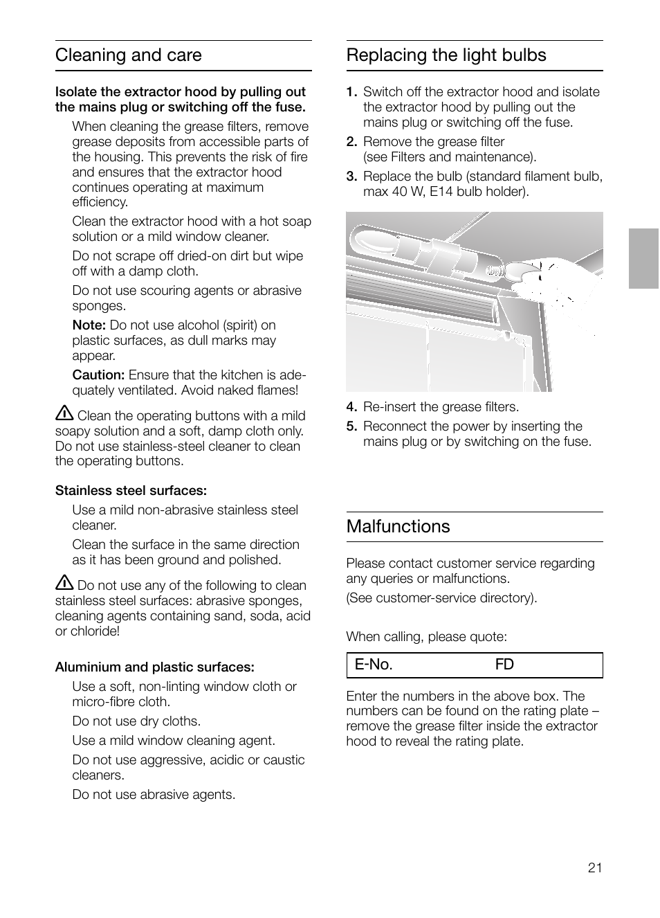 Replacing the light bulbs, Cleaning and care, Malfunctions | Neff D1654W0 User Manual | Page 21 / 84