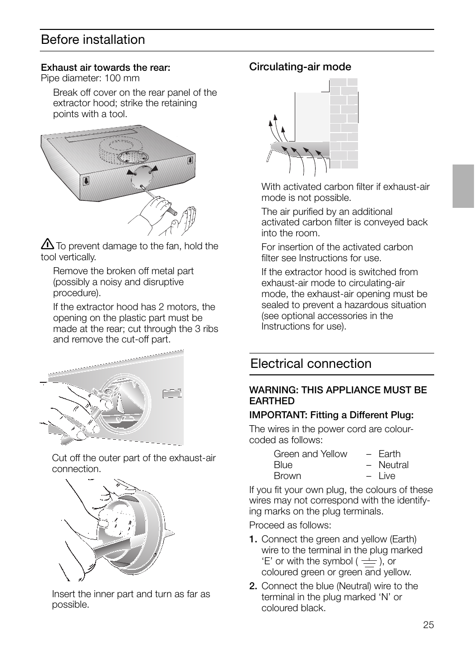 Before installation, Electrical connection | Neff D1654W0 User Manual | Page 25 / 84