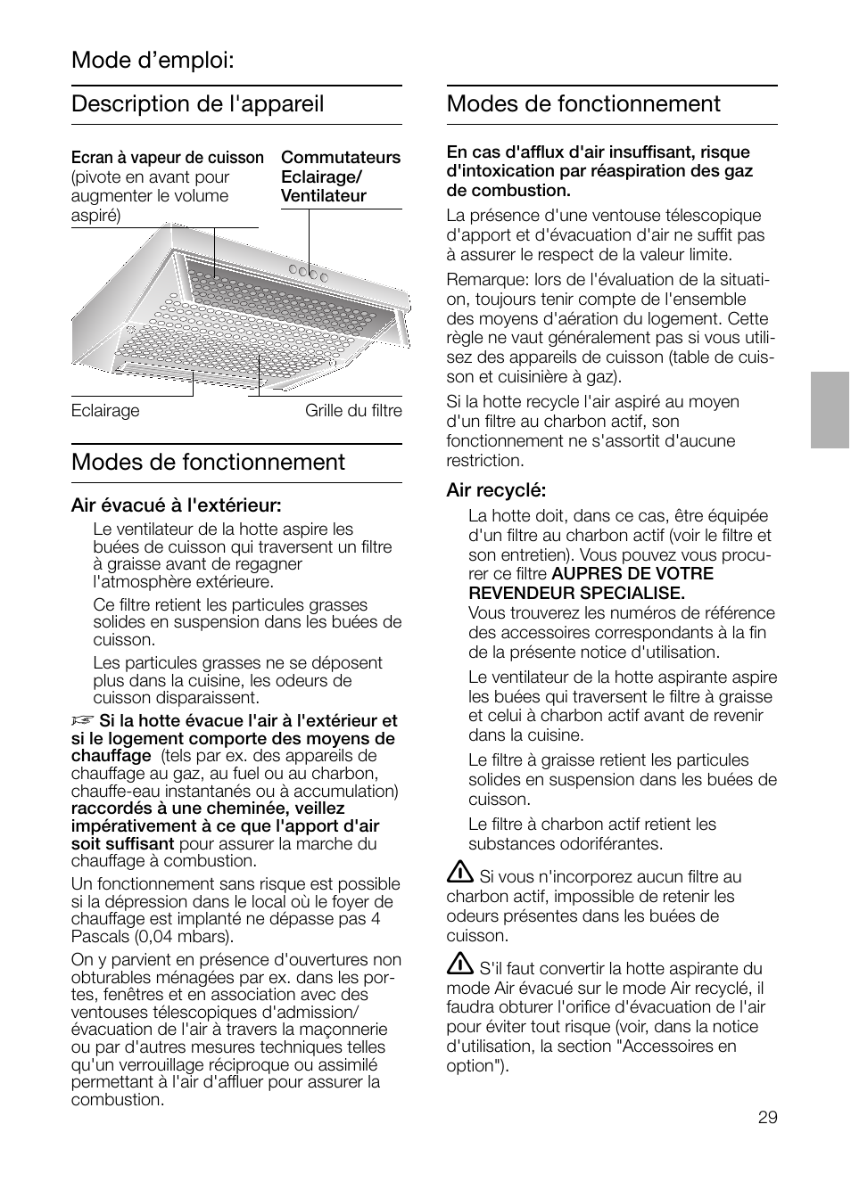 Modes de fonctionnement, Description de l'appareil mode d’emploi | Neff D1654W0 User Manual | Page 29 / 84