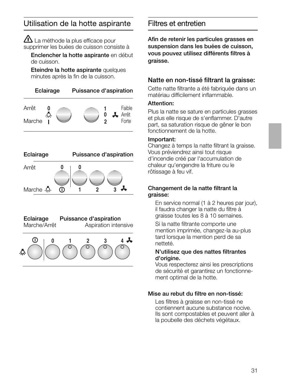 Utilisation de la hotte aspirante, Filtres et entretien | Neff D1654W0 User Manual | Page 31 / 84