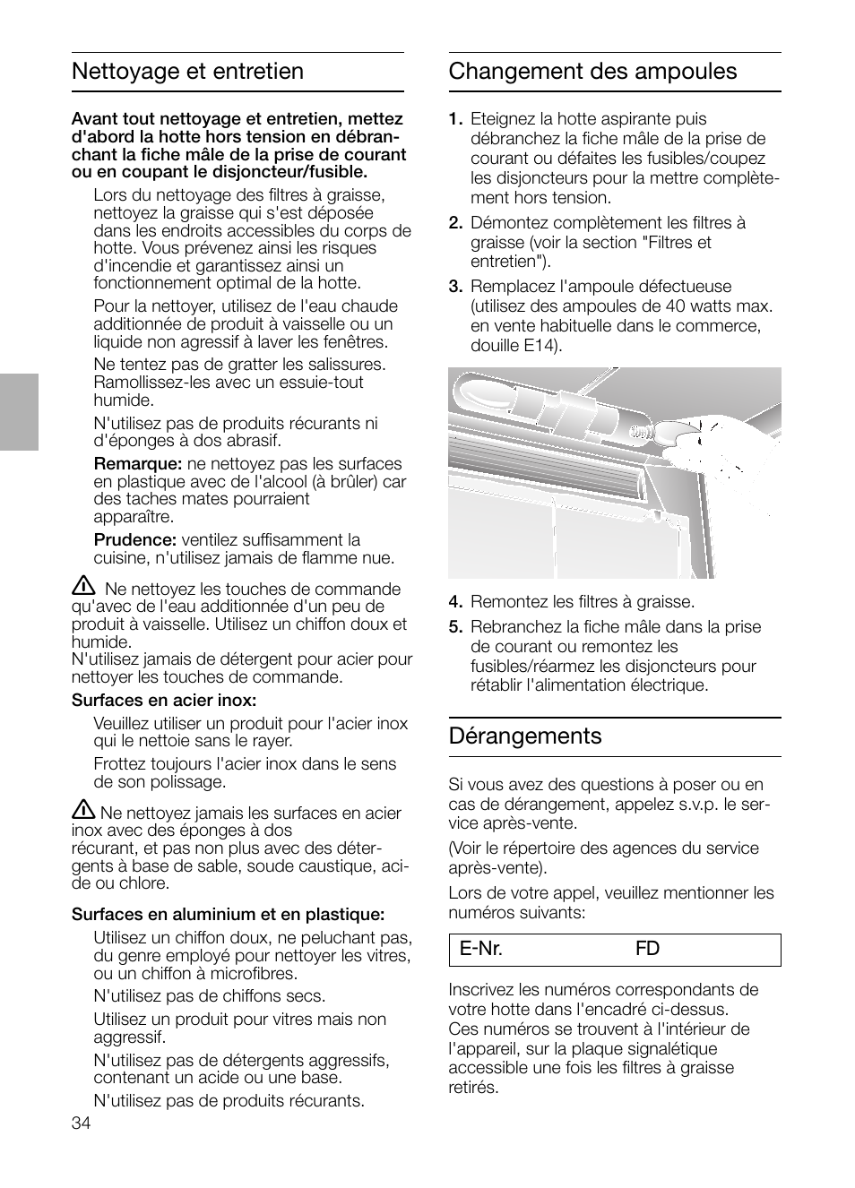 Changement des ampoules, Nettoyage et entretien, Dérangements | Neff D1654W0 User Manual | Page 34 / 84