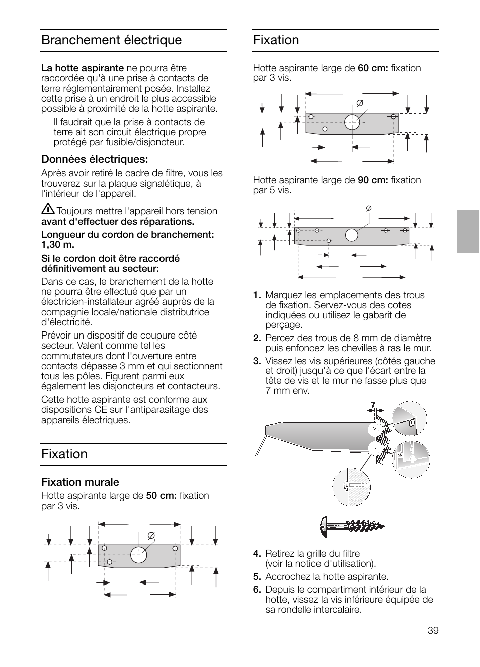 Fixation, Branchement électrique | Neff D1654W0 User Manual | Page 39 / 84