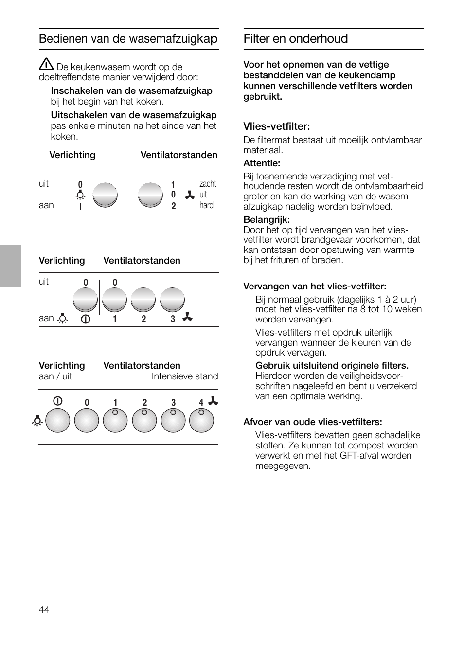 Bedienen van de wasemafzuigkap, Filter en onderhoud | Neff D1654W0 User Manual | Page 44 / 84