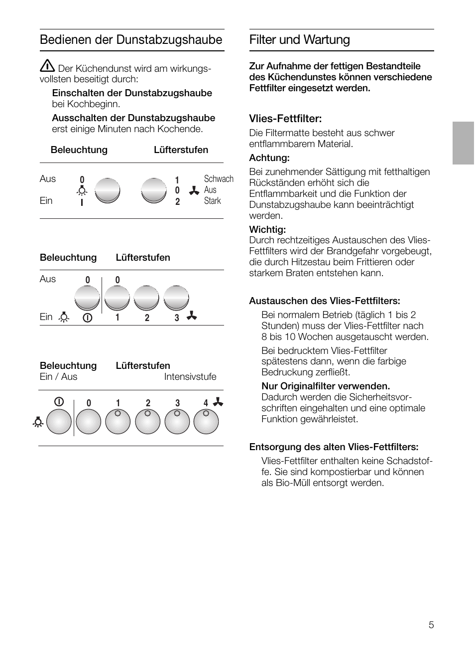 Bedienen der dunstabzugshaube, Filter und wartung | Neff D1654W0 User Manual | Page 5 / 84