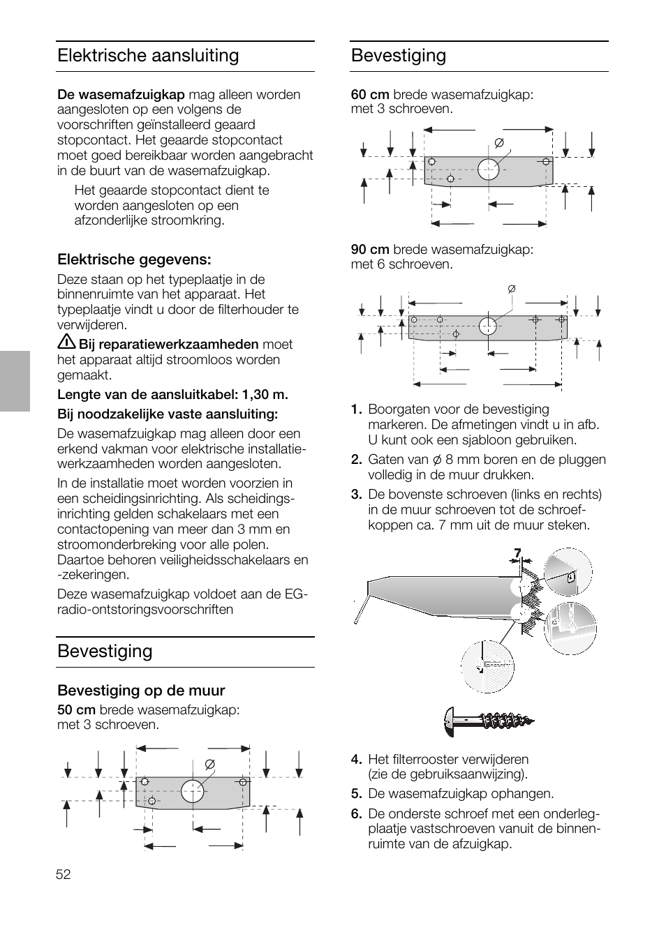 Bevestiging, Elektrische aansluiting | Neff D1654W0 User Manual | Page 52 / 84