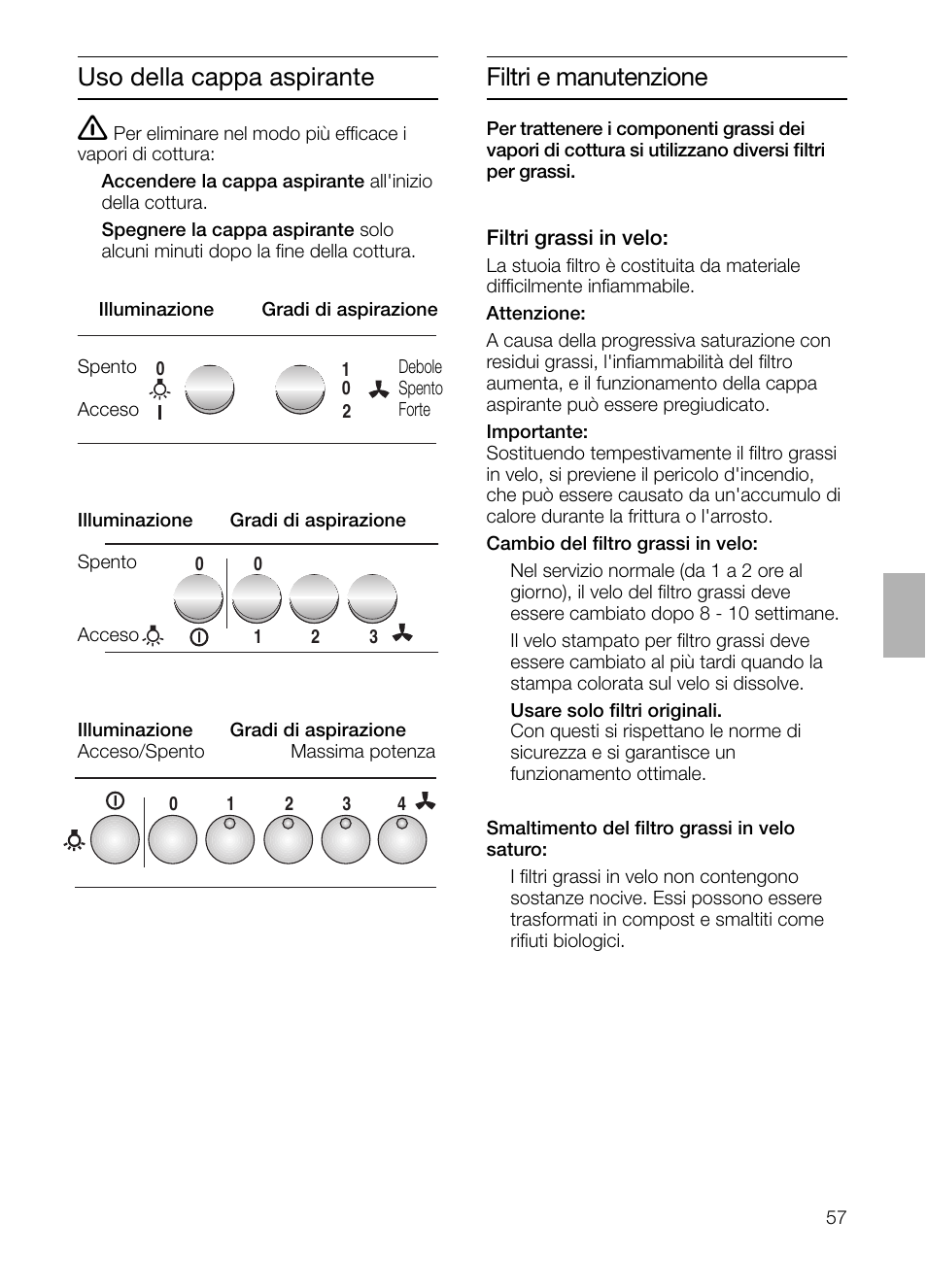 Uso della cappa aspirante, Filtri e manutenzione | Neff D1654W0 User Manual | Page 57 / 84