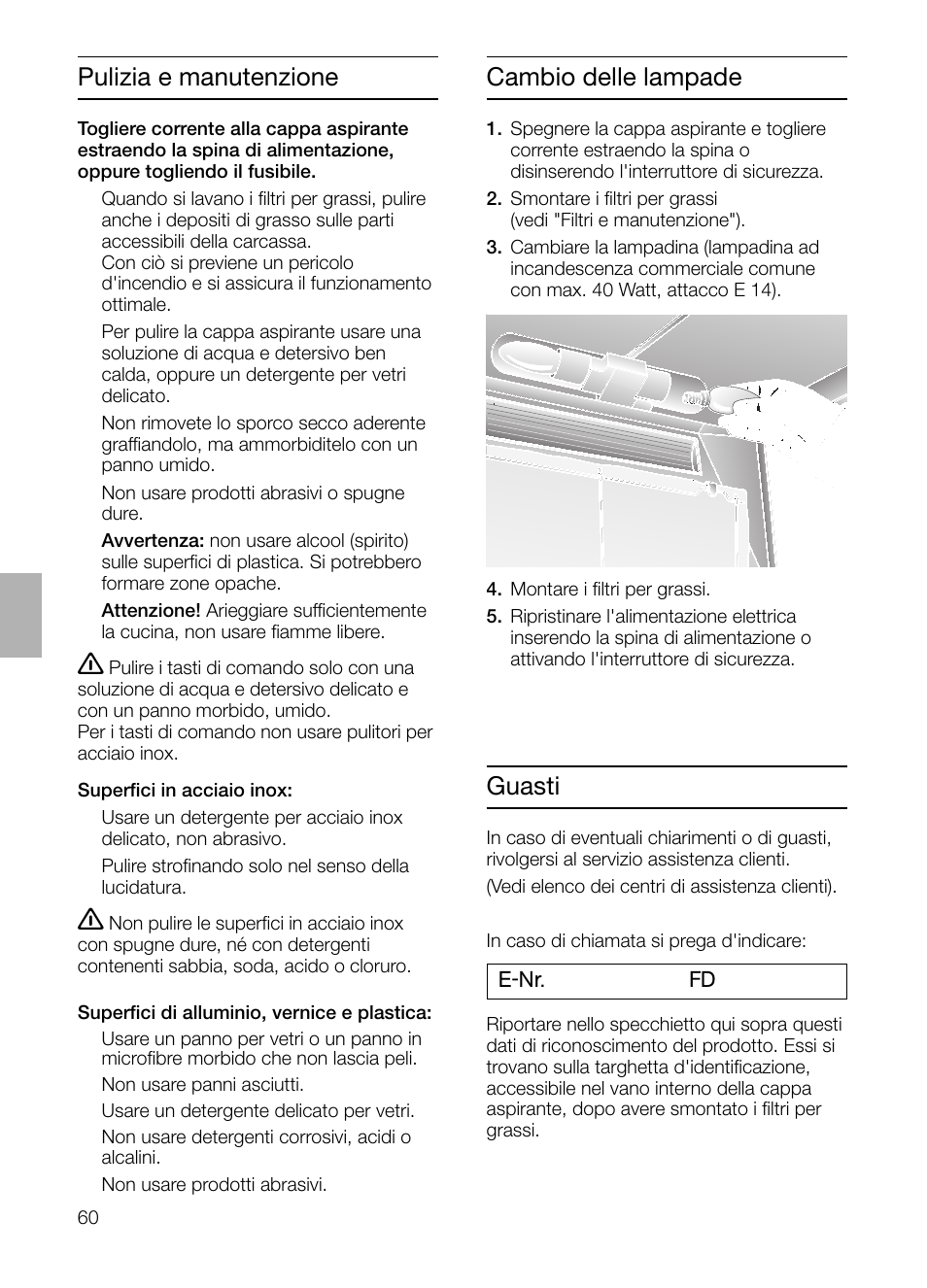 Cambio delle lampade, Pulizia e manutenzione, Guasti | Neff D1654W0 User Manual | Page 60 / 84