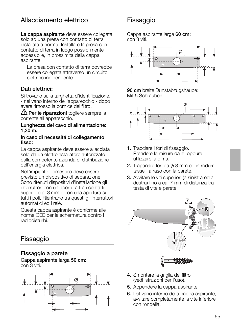 Fissaggio, Allacciamento elettrico | Neff D1654W0 User Manual | Page 65 / 84