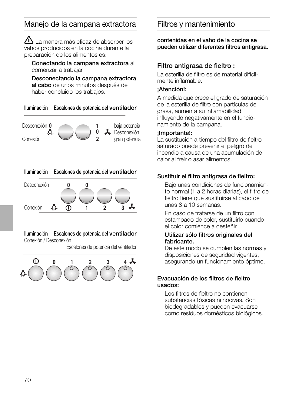 Manejo de la campana extractora, Filtros y mantenimiento | Neff D1654W0 User Manual | Page 70 / 84