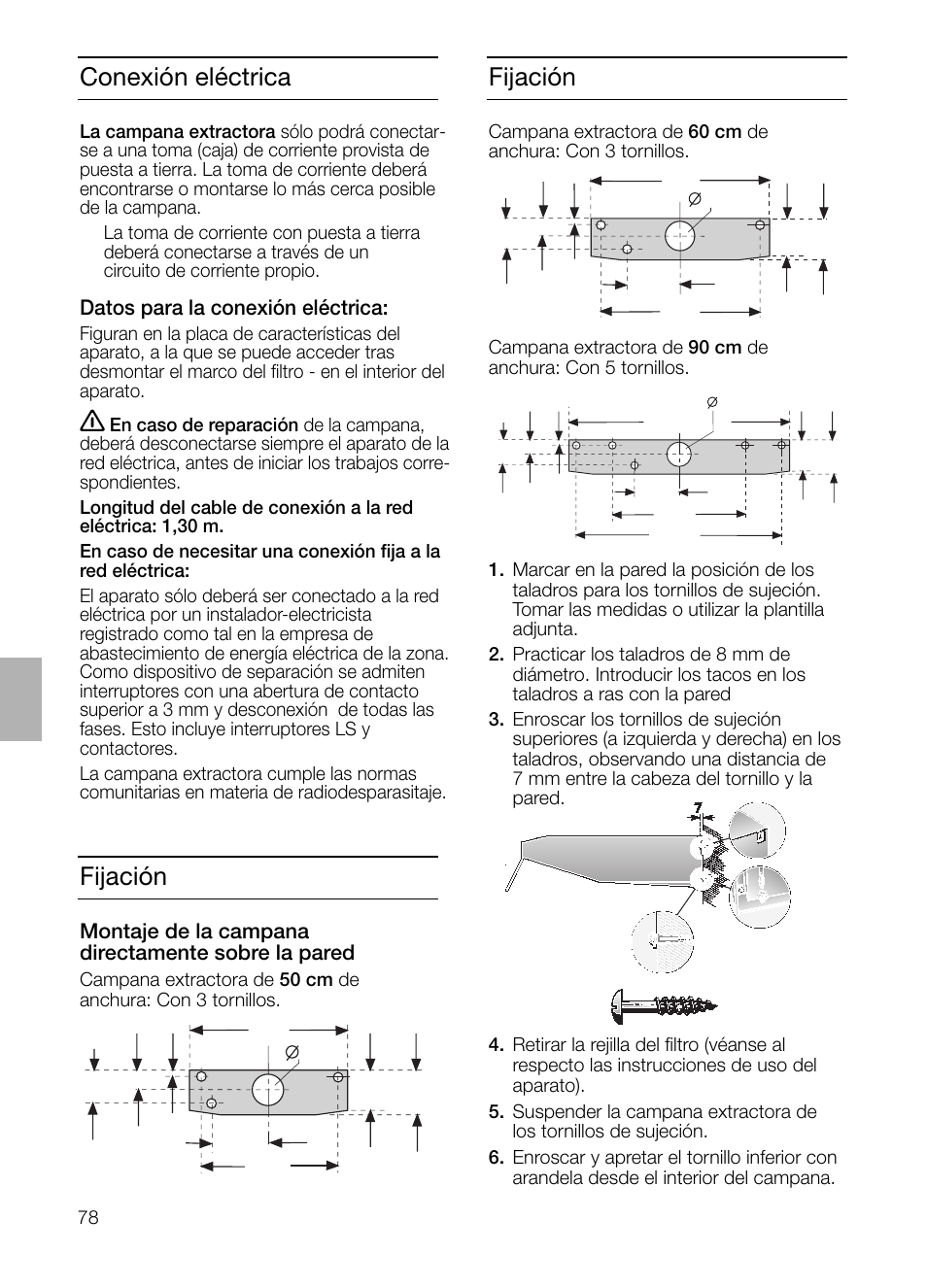 Fijación, Conexión eléctrica | Neff D1654W0 User Manual | Page 78 / 84