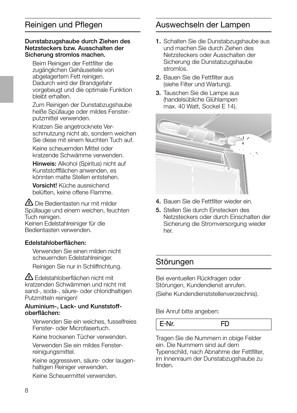 Reinigen und pflegen, Auswechseln der lampen, Störungen | Neff D1654W0 User Manual | Page 8 / 84