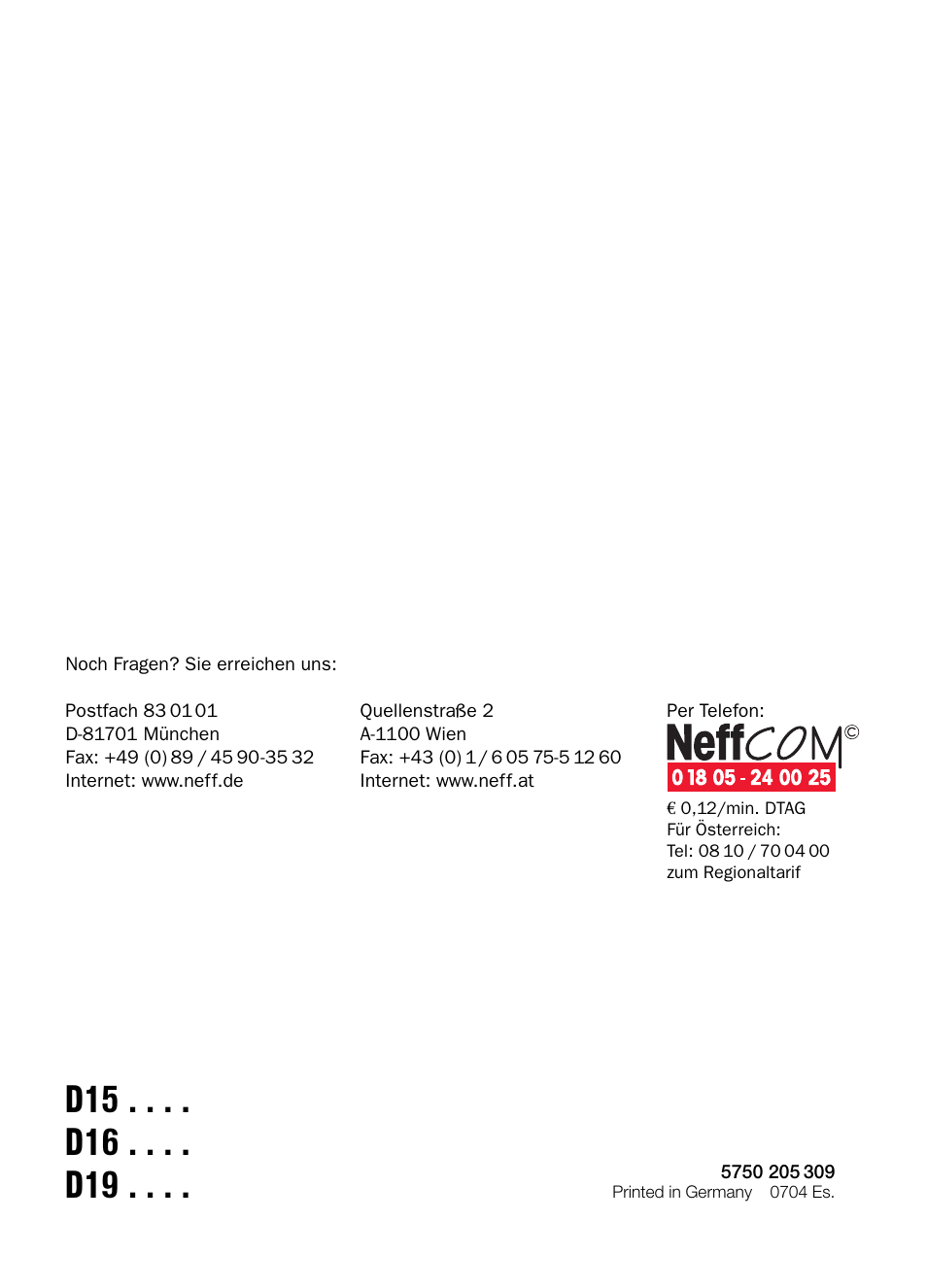 Neff D1654W0 User Manual | Page 84 / 84