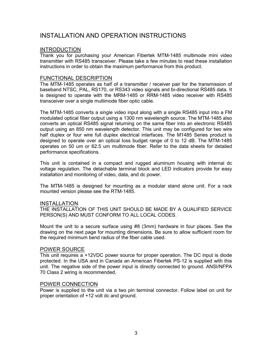 American Fibertek MTM-1485 User Manual | Page 3 / 8