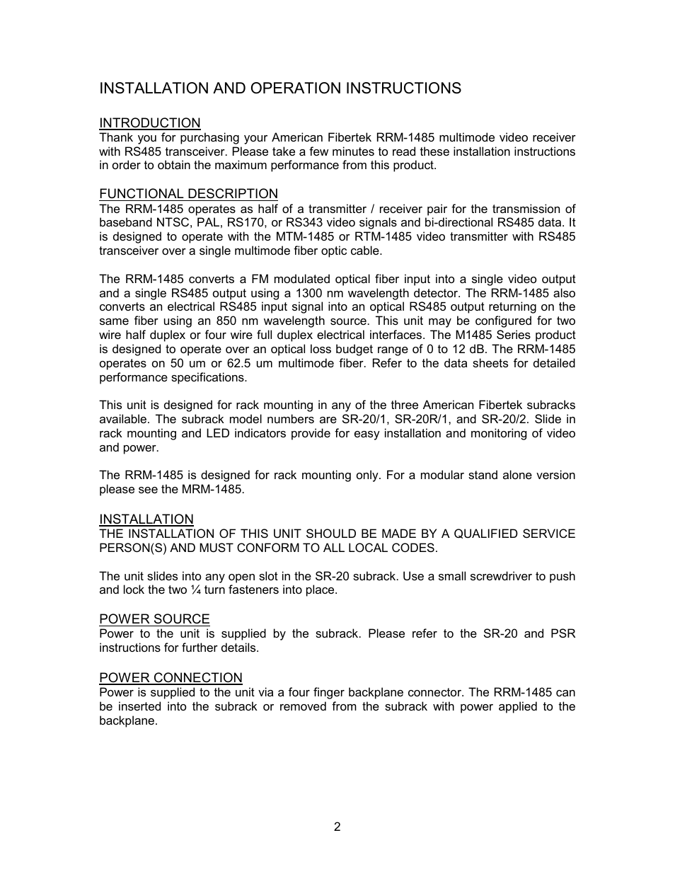 American Fibertek RRM-1485 User Manual | Page 2 / 8