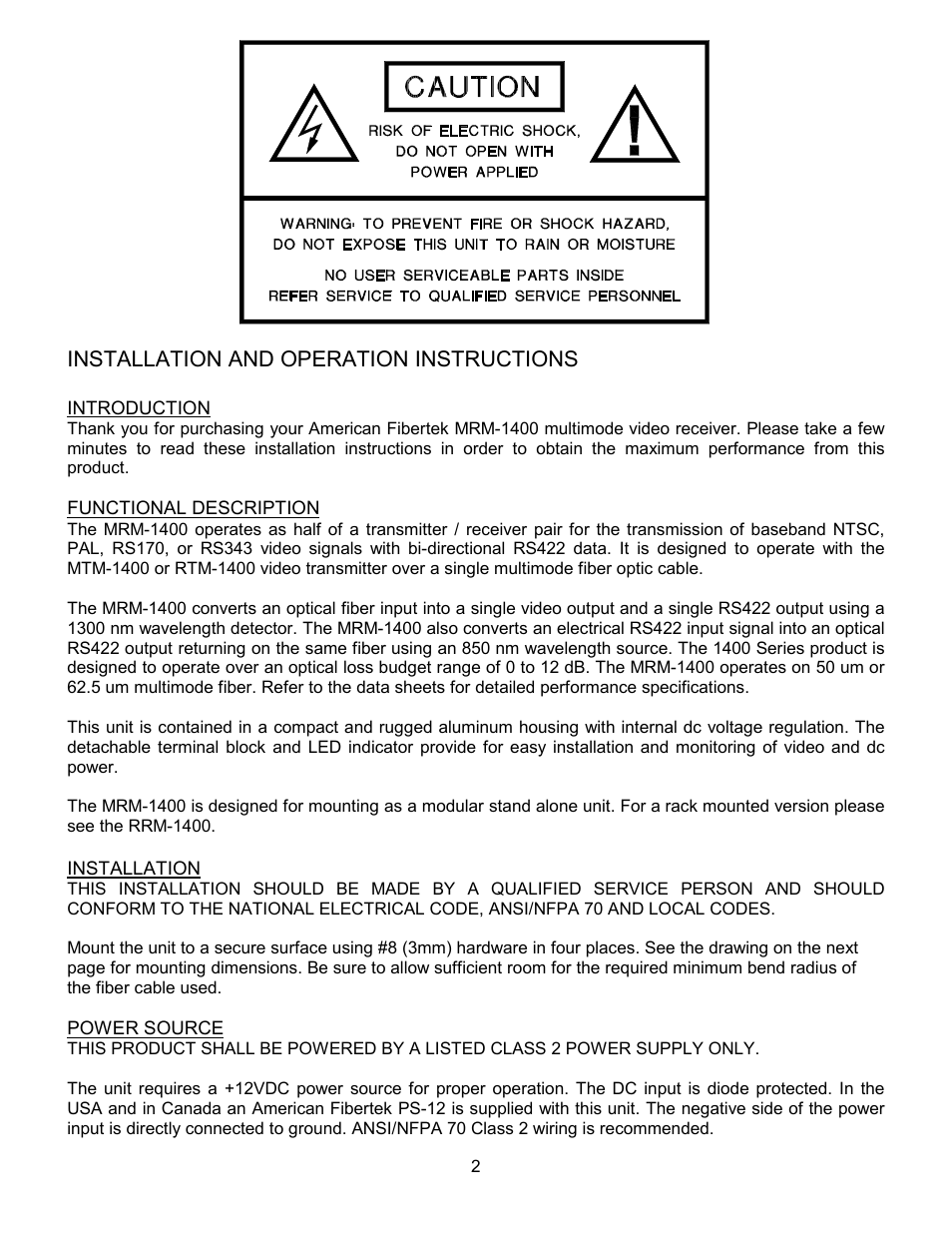Installation and operation instructions | American Fibertek MRM-1400 User Manual | Page 2 / 4