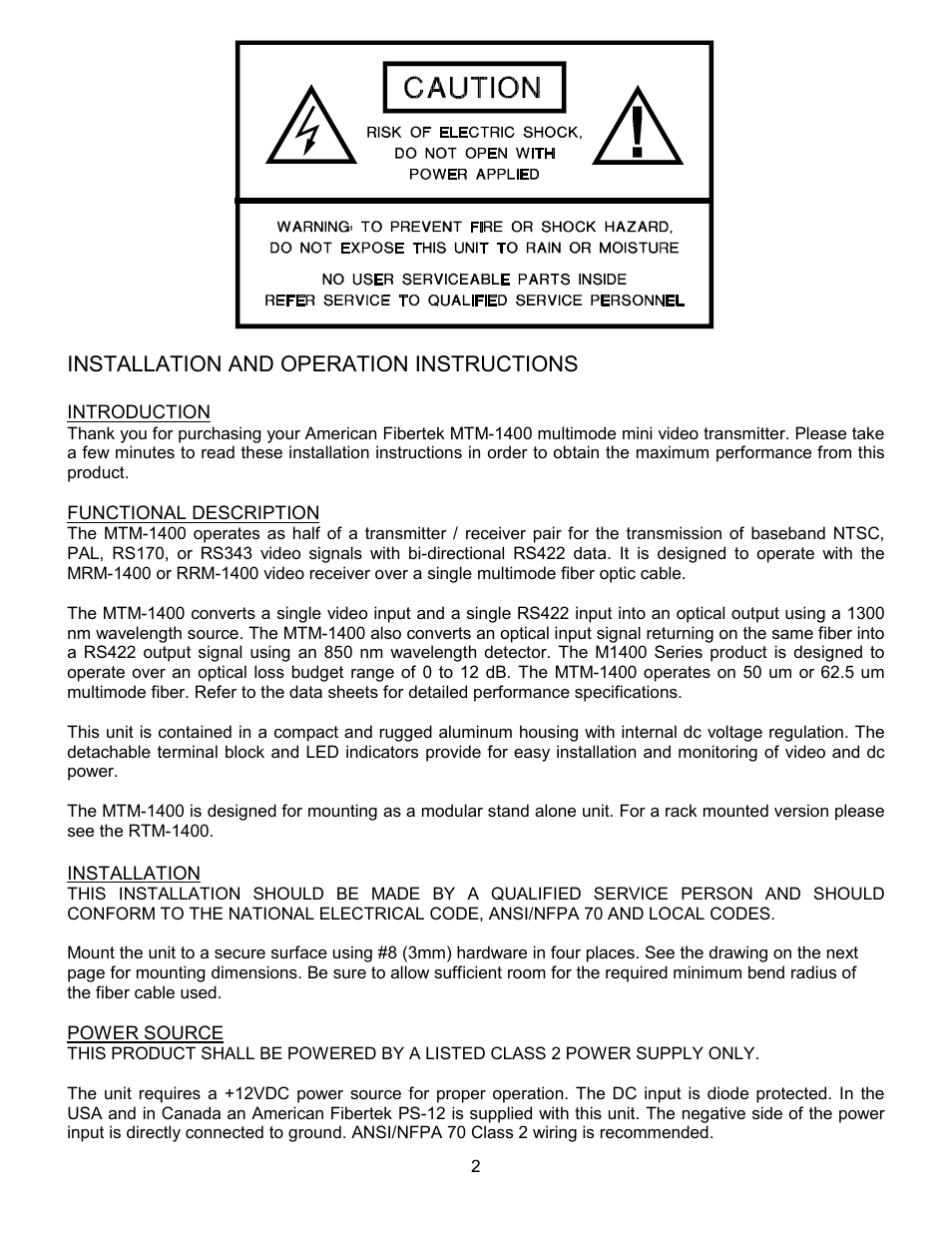 Installation and operation instructions | American Fibertek MTM-1400 User Manual | Page 2 / 4