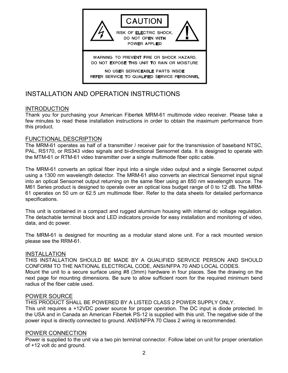 Installation and operation instructions | American Fibertek MRM-61 User Manual | Page 2 / 4