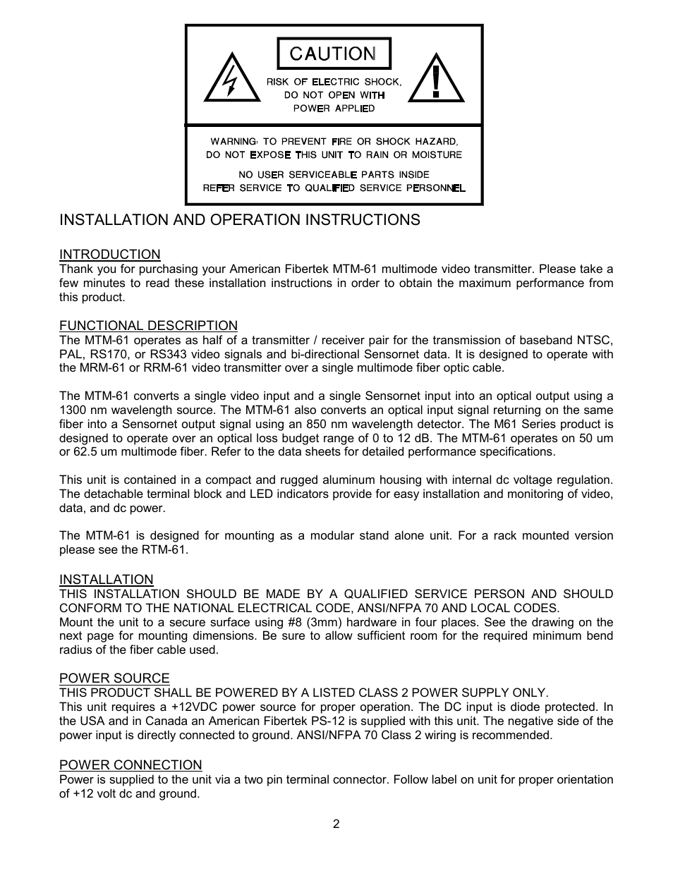 Installation and operation instructions | American Fibertek MTM-61 User Manual | Page 2 / 4