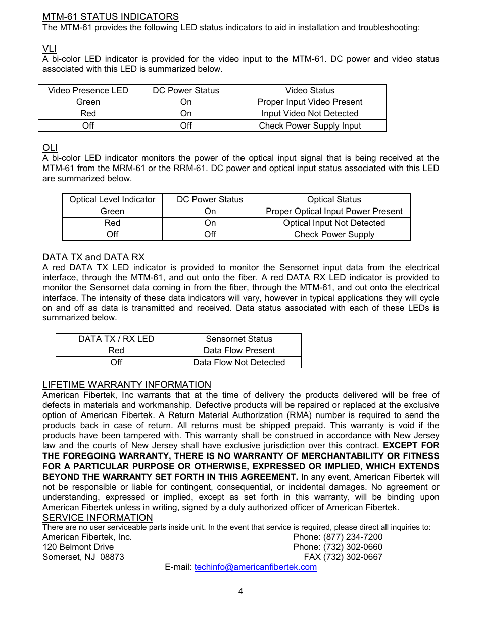 American Fibertek MTM-61 User Manual | Page 4 / 4