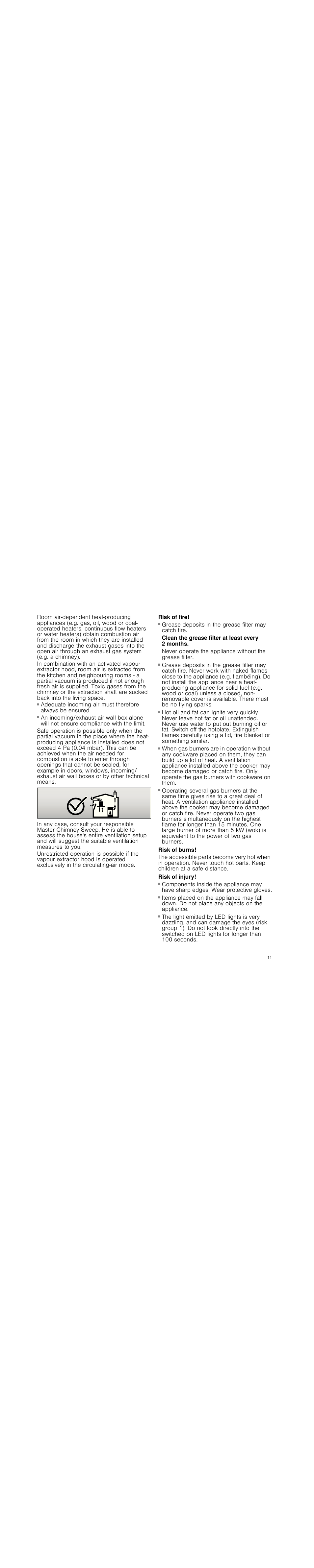Risk of fire, Clean the grease filter at least every 2 months, Risk of burns | Risk of injury | Neff D99L20N0 User Manual | Page 11 / 88