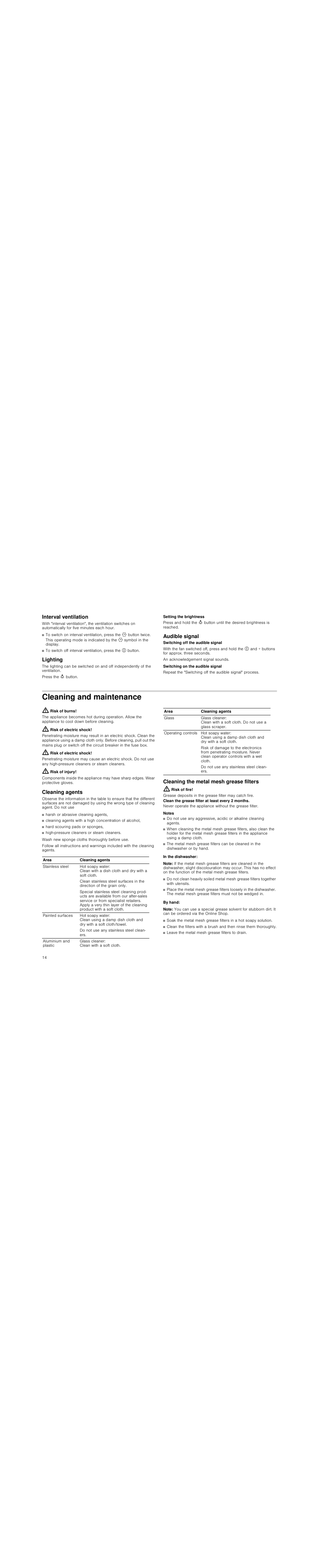 Interval ventilation, Lighting, Audible signal | Cleaning and maintenance, Risk of burns, Risk of electric shock, Risk of injury, Cleaning agents, Cleaning the metal mesh grease filters, Risk of fire | Neff D99L20N0 User Manual | Page 14 / 88