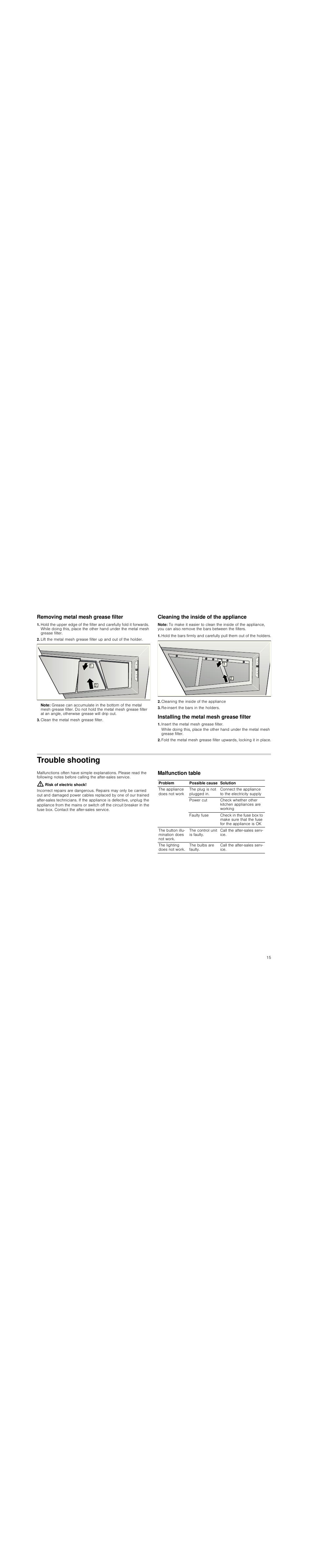 Removing metal mesh grease filter, Note, Clean the metal mesh grease filter | Cleaning the inside of the appliance, Re-insert the bars in the holders, Installing the metal mesh grease filter, Insert the metal mesh grease filter, Trouble shooting, Risk of electric shock, Malfunction table | Neff D99L20N0 User Manual | Page 15 / 88