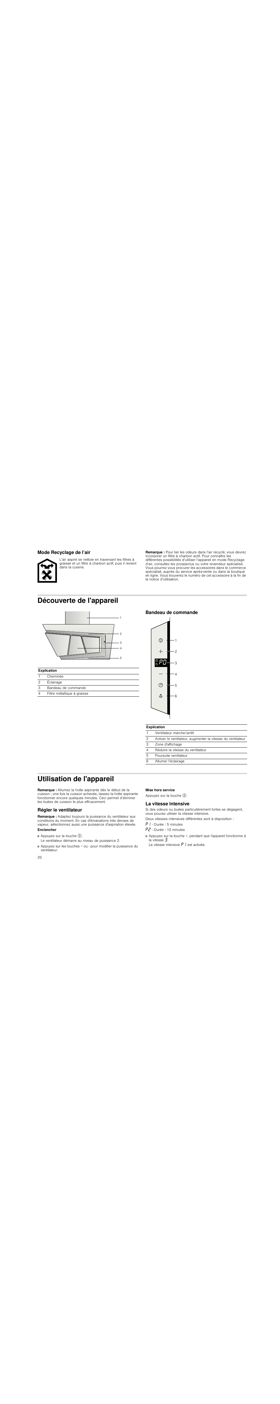 Mode recyclage de l’air, Remarque, Découverte de l'appareil | Bandeau de commande, Utilisation de l'appareil, Régler le ventilateur, La vitesse intensive | Neff D99L20N0 User Manual | Page 20 / 88