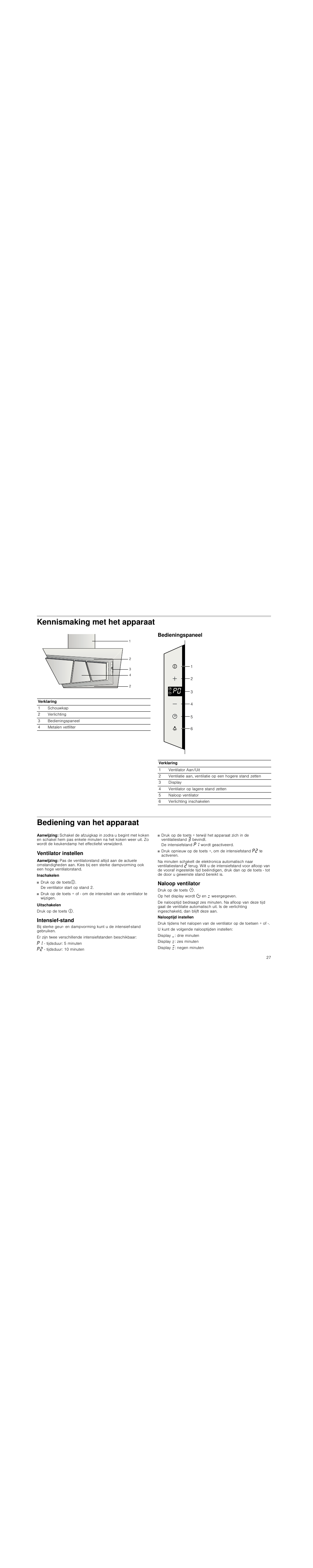 Kennismaking met het apparaat, Bedieningspaneel, Bediening van het apparaat | Aanwijzing, Ventilator instellen, Intensief-stand, Naloop ventilator | Neff D99L20N0 User Manual | Page 27 / 88