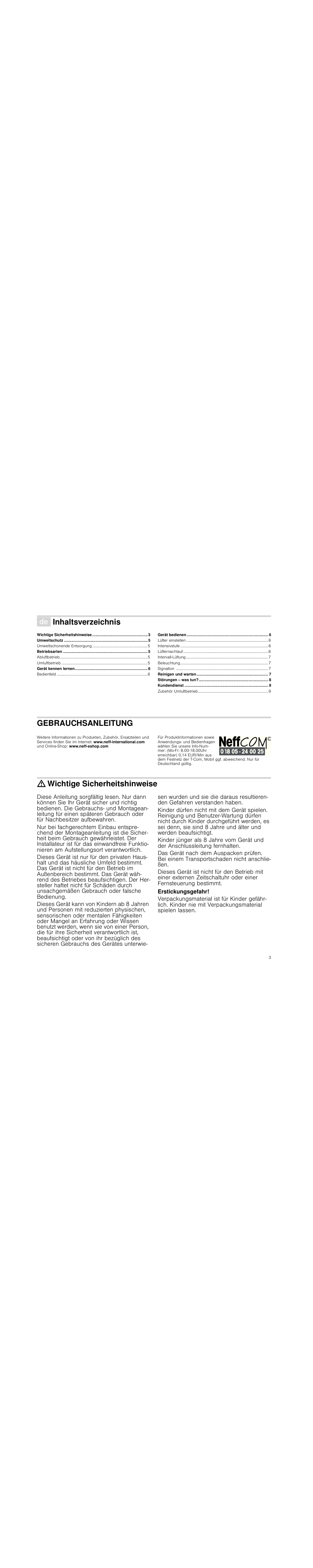 Ø inhaltsverzeichnis[de] gebrauchsanleitung, Umweltschutz 5, Betriebsarten 5 | Gerät kennen lernen 6, Gerät bedienen 6, Reinigen und warten 7, Störungen – was tun? 8, Kundendienst 9, Gebrauchsanleitung, Produktinfo | Neff D99L20N0 User Manual | Page 3 / 88