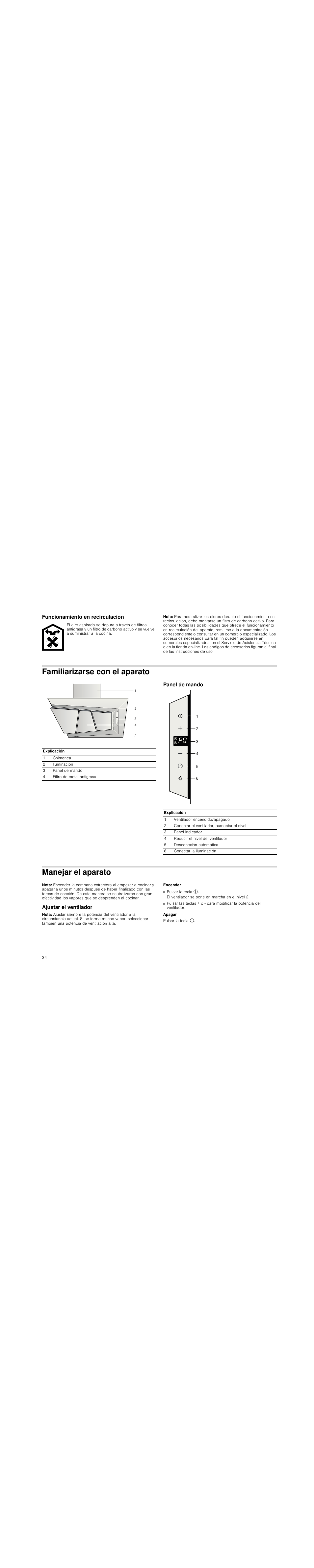 Funcionamiento en recirculación, Nota, Familiarizarse con el aparato | Panel de mando, Manejar el aparato, Ajustar el ventilador | Neff D99L20N0 User Manual | Page 34 / 88