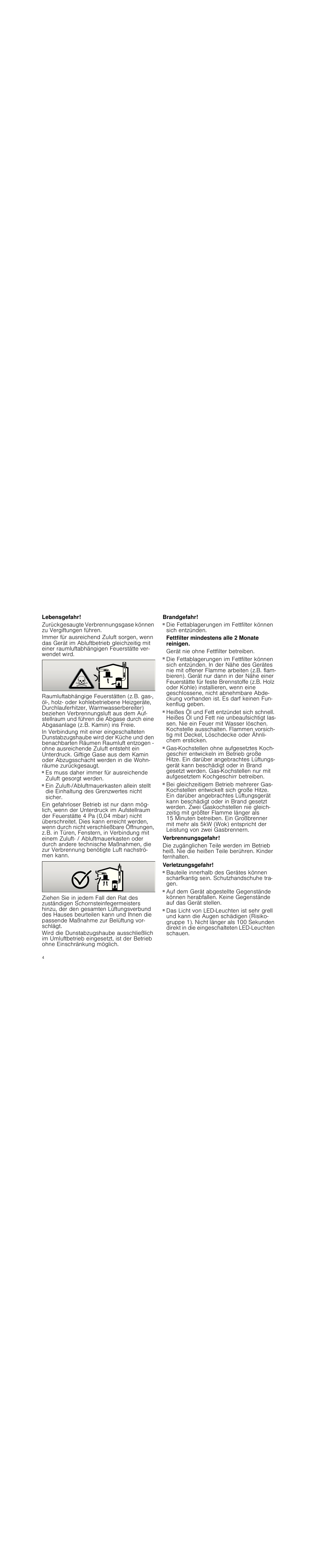 Lebensgefahr, Brandgefahr, Fettfilter mindestens alle 2 monate reinigen | Gerät nie ohne fettfilter betreiben, Verbrennungsgefahr, Verletzungsgefahr | Neff D99L20N0 User Manual | Page 4 / 88