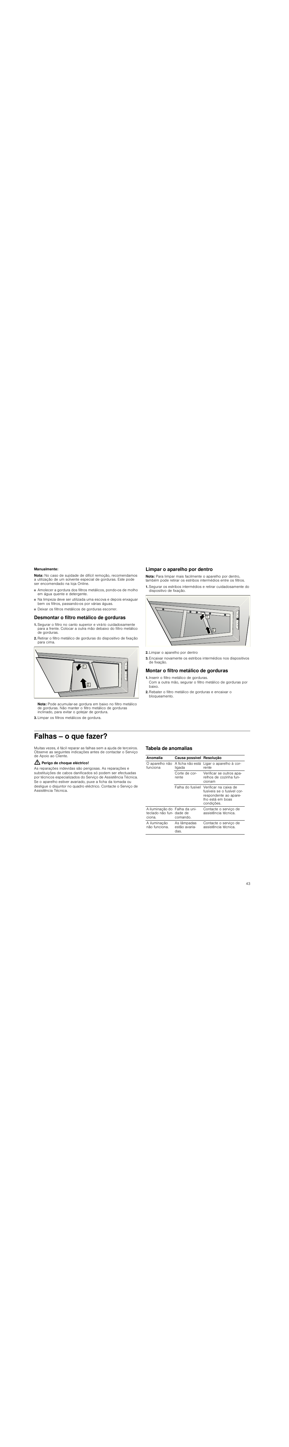 Manualmente, Nota, Desmontar o filtro metálico de gorduras | Limpar os filtros metálicos de gordura, Limpar o aparelho por dentro, Montar o filtro metálico de gorduras, Inserir o filtro metálico de gorduras, Falhas – o que fazer, Perigo de choque eléctrico, Tabela de anomalias | Neff D99L20N0 User Manual | Page 43 / 88