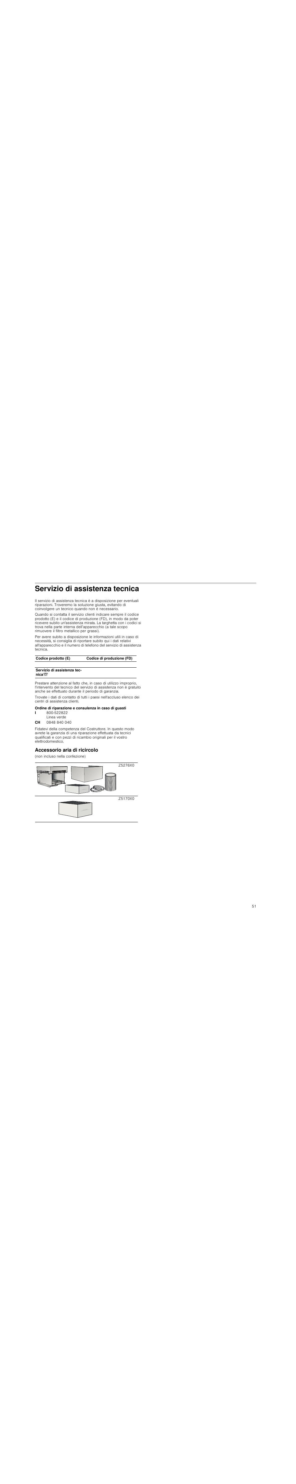 Servizio di assistenza tecnica, Accessorio aria di ricircolo | Neff D99L20N0 User Manual | Page 51 / 88