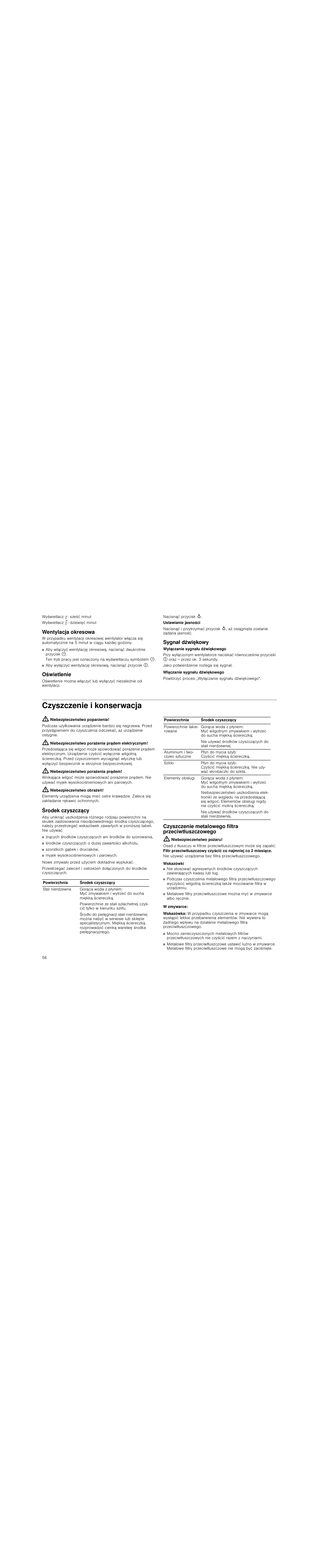 Wentylacja okresowa, Oświetlenie, Sygnał dźwiękowy | Czyszczenie i konserwacja, Niebezpieczeństwo poparzenia, Niebezpieczeństwo porażenia prądem elektrycznym, Niebezpieczeństwo porażenia prądem, Niebezpieczeństwo obrażeń, Środek czyszczący, Czyszczenie metalowego filtra przeciwtłuszczowego | Neff D99L20N0 User Manual | Page 56 / 88
