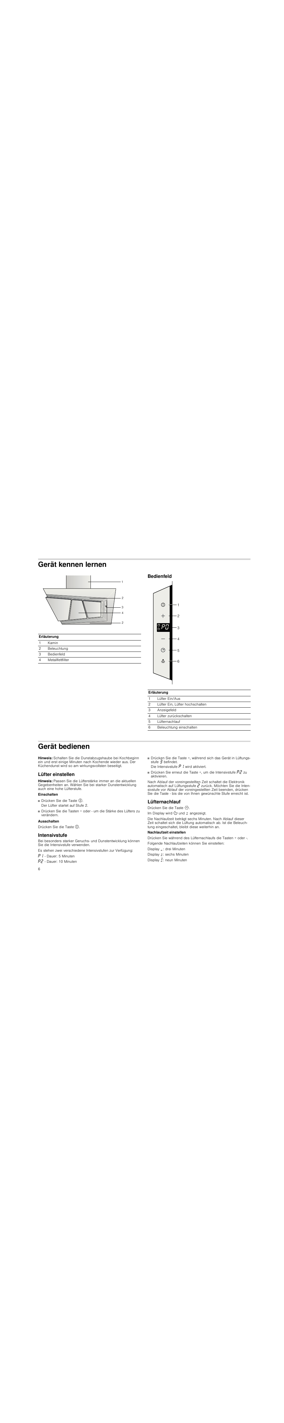 Gerät kennen lernen, Bedienfeld, Gerät bedienen | Hinweis, Lüfter einstellen, Intensivstufe, Lüfternachlauf | Neff D99L20N0 User Manual | Page 6 / 88