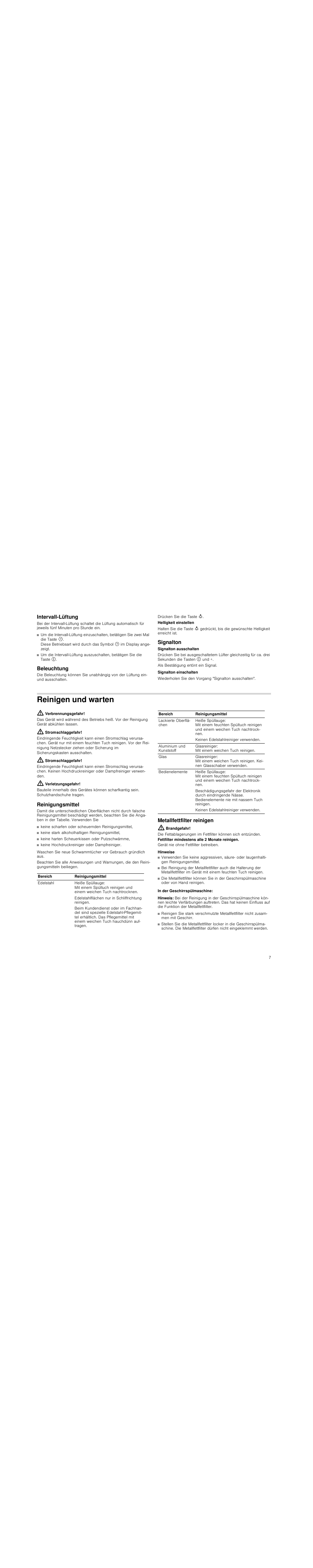 Intervall-lüftung, Beleuchtung, Signalton | Reinigen und warten, Verbrennungsgefahr, Stromschlaggefahr, Verletzungsgefahr, Reinigungsmittel, Metallfettfilter reinigen, Brandgefahr | Neff D99L20N0 User Manual | Page 7 / 88