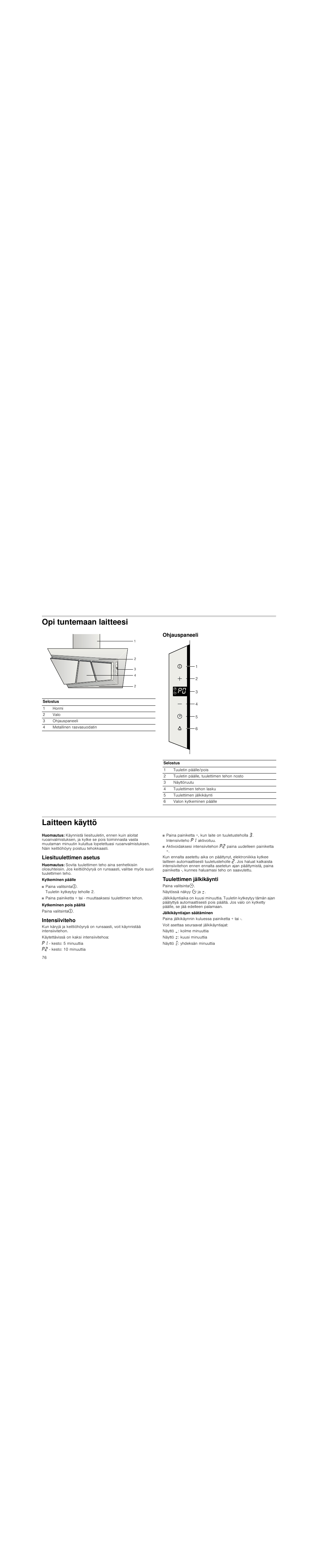 Opi tuntemaan laitteesi, Ohjauspaneeli, Laitteen käyttö | Huomautus, Liesituulettimen asetus, Intensiiviteho, Tuulettimen jälkikäynti | Neff D99L20N0 User Manual | Page 76 / 88