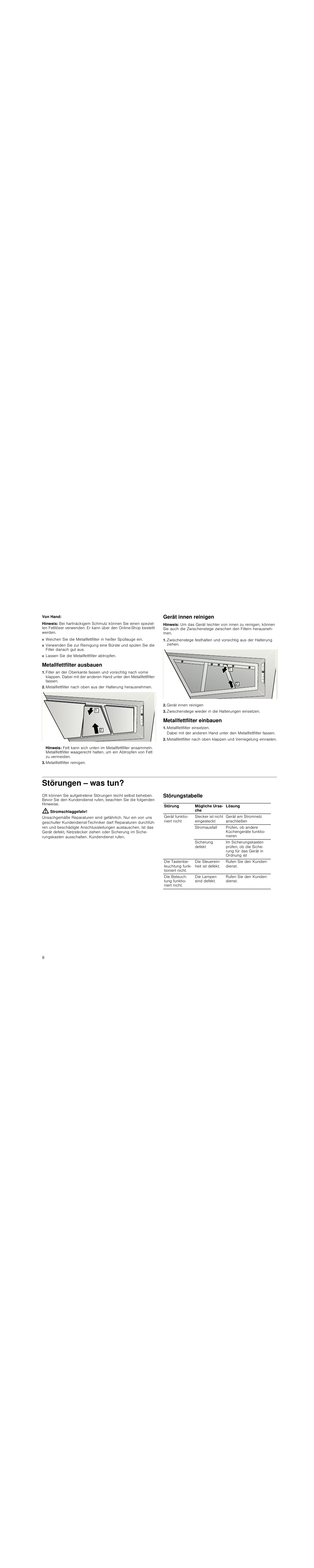 Von hand, Hinweis, Metallfettfilter ausbauen | Metallfettfilter reinigen, Gerät innen reinigen, Zwischenstege wieder in die halterungen einsetzen, Metallfettfilter einbauen, Metallfettfilter einsetzen, Störungen – was tun, Stromschlaggefahr | Neff D99L20N0 User Manual | Page 8 / 88