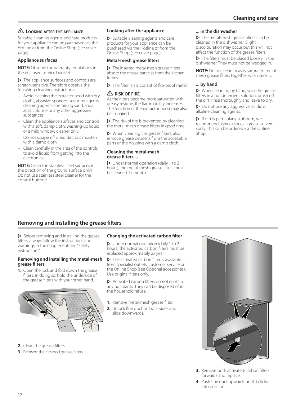 Cleaning and care, Removing and installing the grease ilters | Neff D99L11N0 User Manual | Page 12 / 52