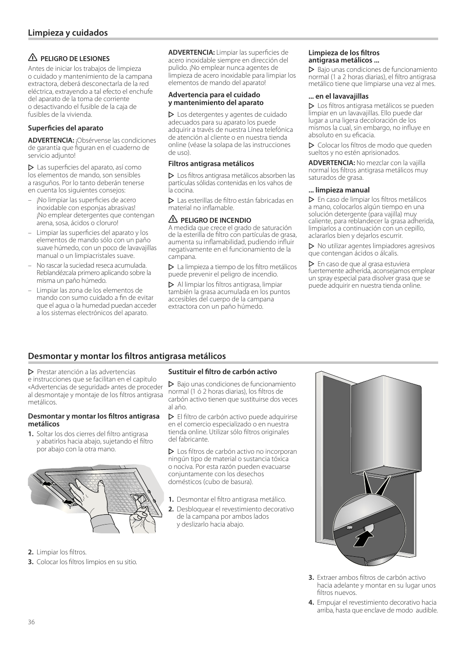 Desmontar y montar los iltros antigrasa metálicos, Limpieza y cuidados | Neff D99L11N0 User Manual | Page 36 / 52