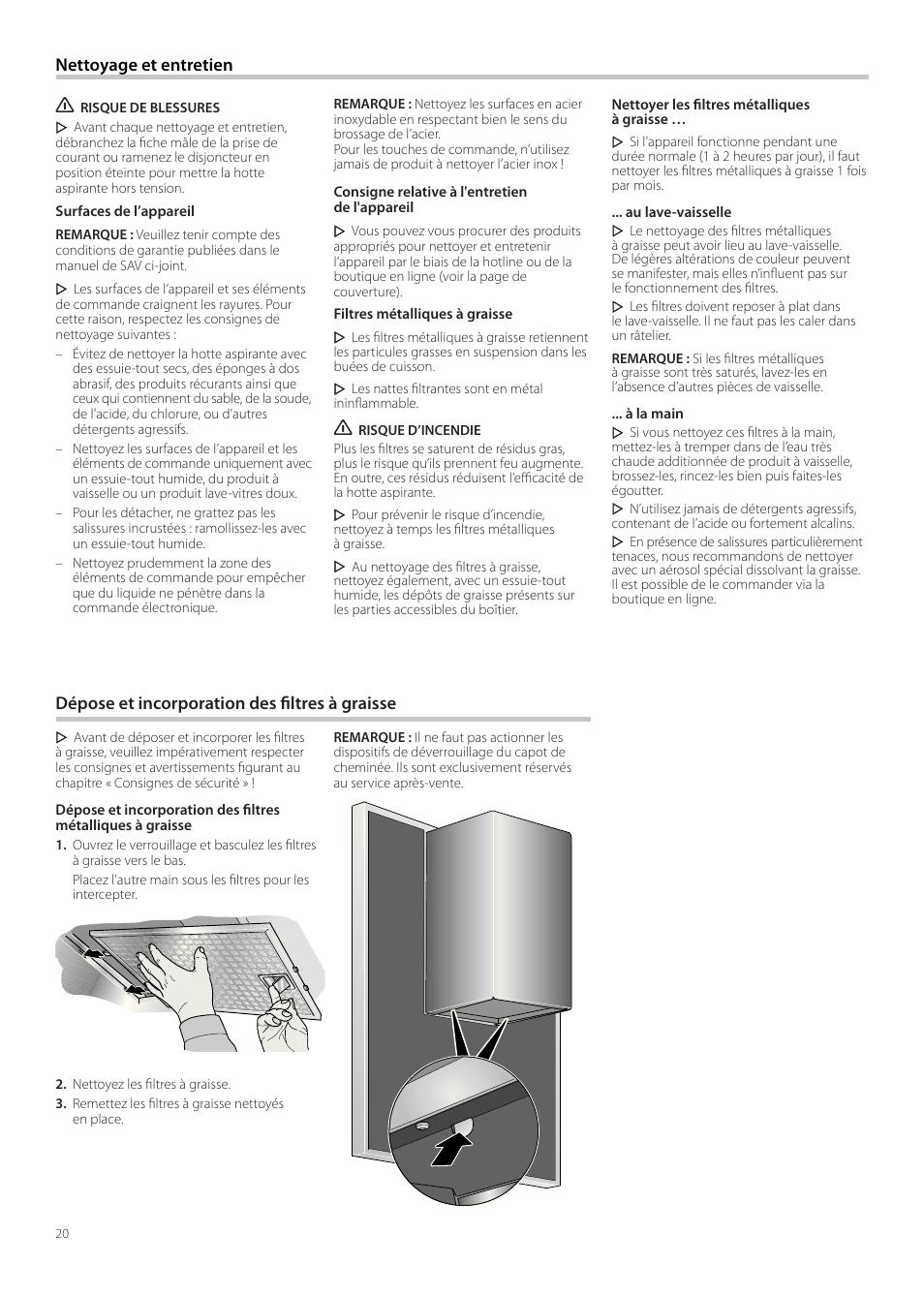 Nettoyage et entretien, Dépose et incorporation des iltres à graisse | Neff D99L10N0 User Manual | Page 20 / 52