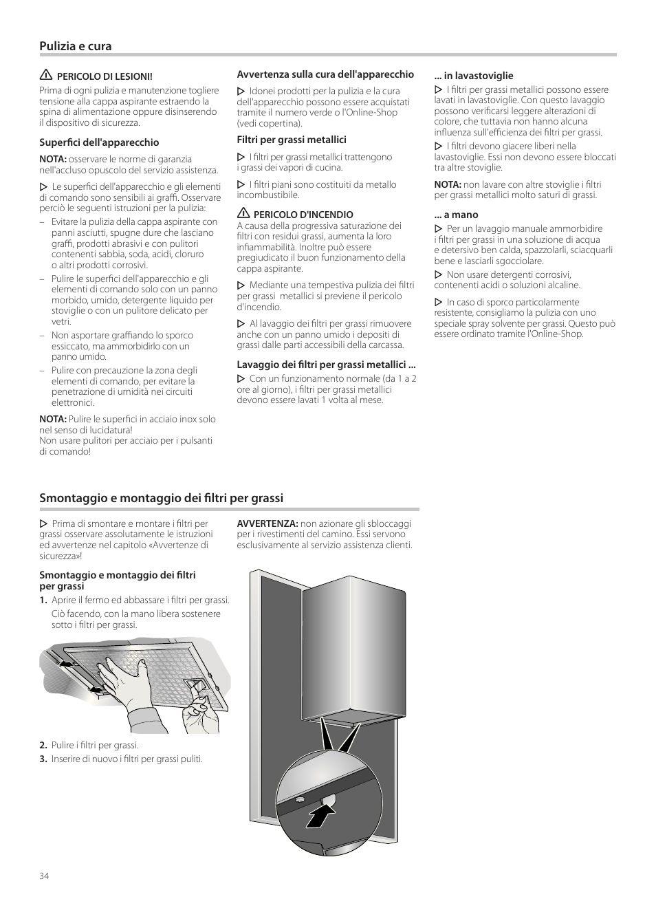 Pulizia e cura, Smontaggio e montaggio dei iltri per grassi | Neff D99L10N0 User Manual | Page 34 / 52