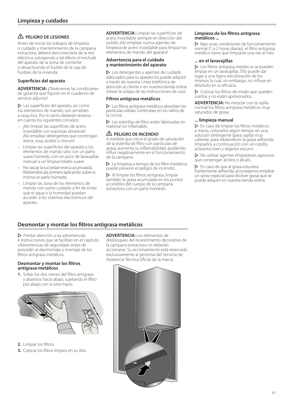 Limpieza y cuidados, Desmontar y montar los iltros antigrasa metálicos | Neff D99L10N0 User Manual | Page 41 / 52