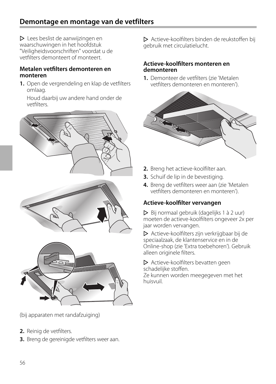 Demontage en montage van de vetfilters | Neff D72E34N0 User Manual | Page 56 / 108
