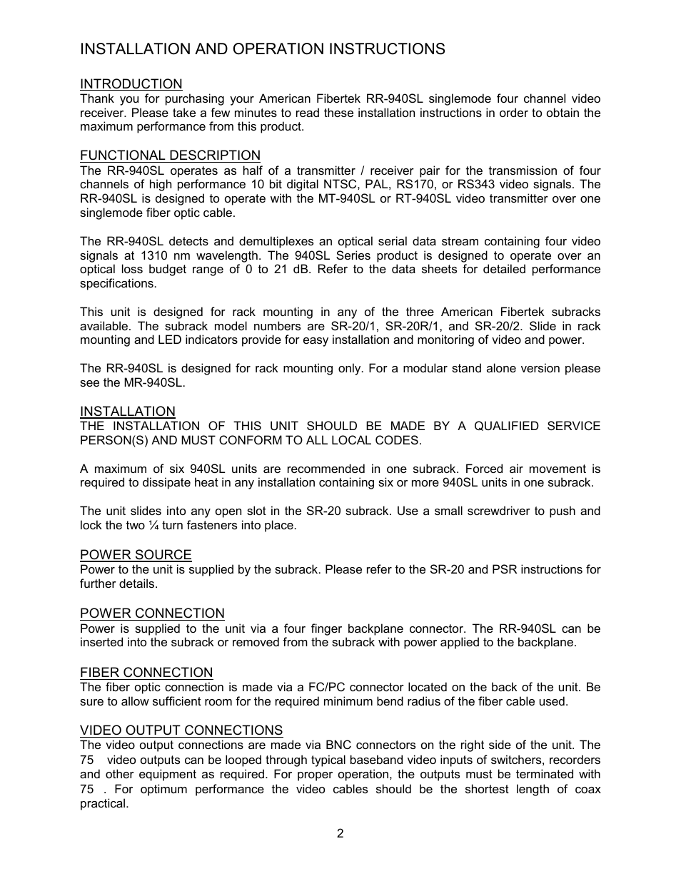 American Fibertek RR-940SL User Manual | Page 2 / 4