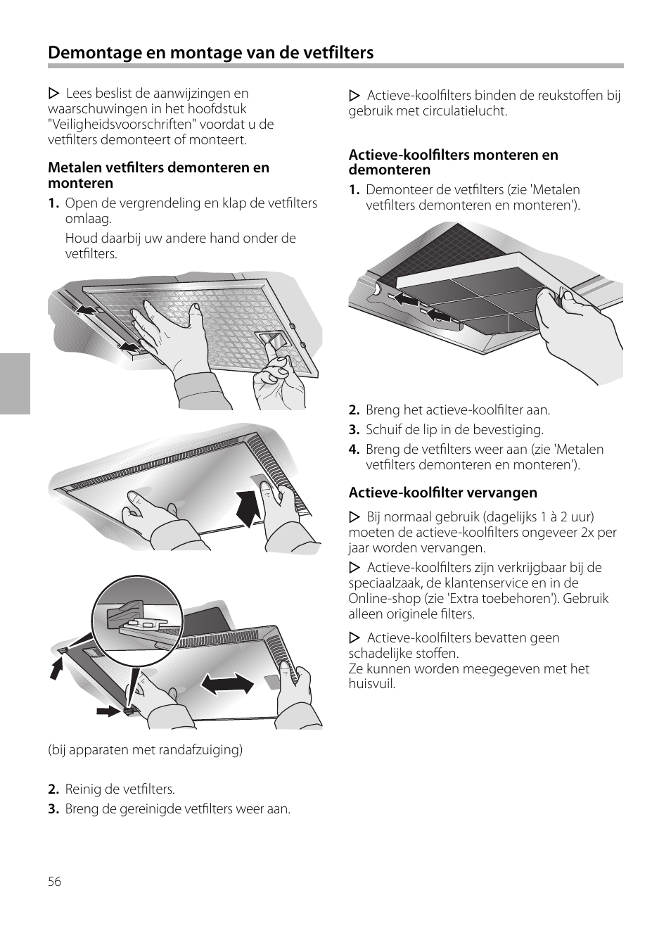 Demontage en montage van de vetfilters | Neff D72F58N0 User Manual | Page 56 / 108
