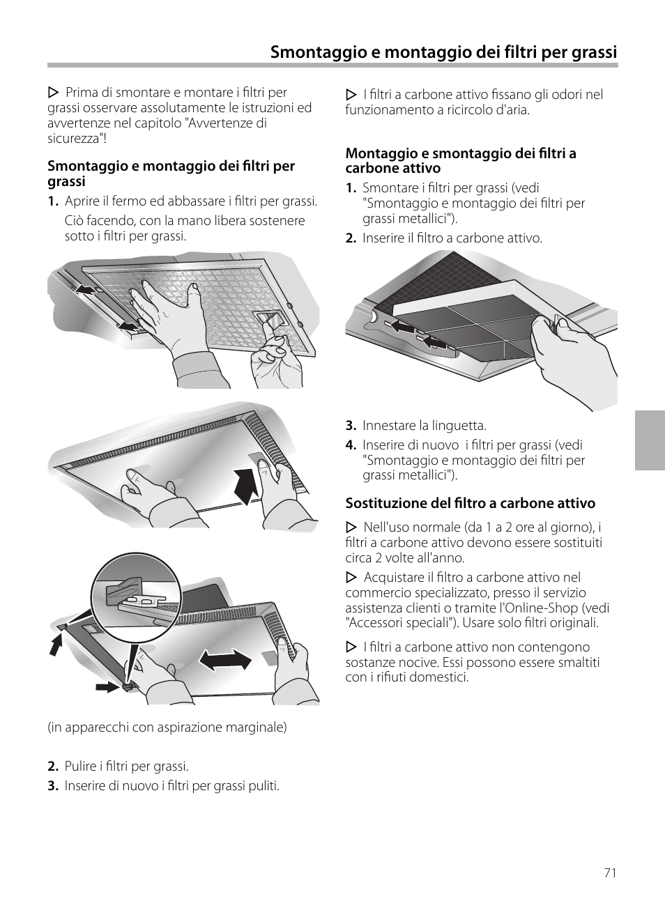 Smontaggio e montaggio dei filtri per grassi | Neff D72F58N0 User Manual | Page 71 / 108