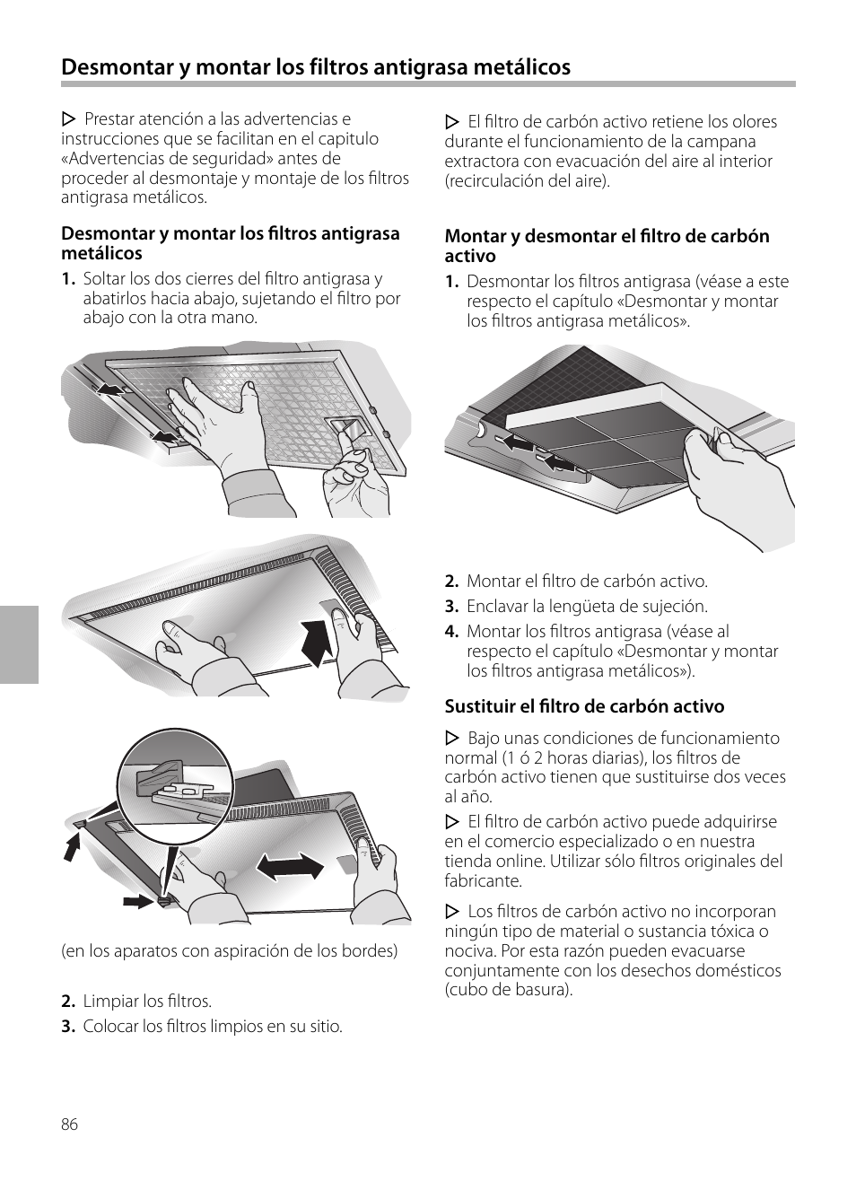 Desmontar y montar los filtros antigrasa metálicos | Neff D72F58N0 User Manual | Page 86 / 108