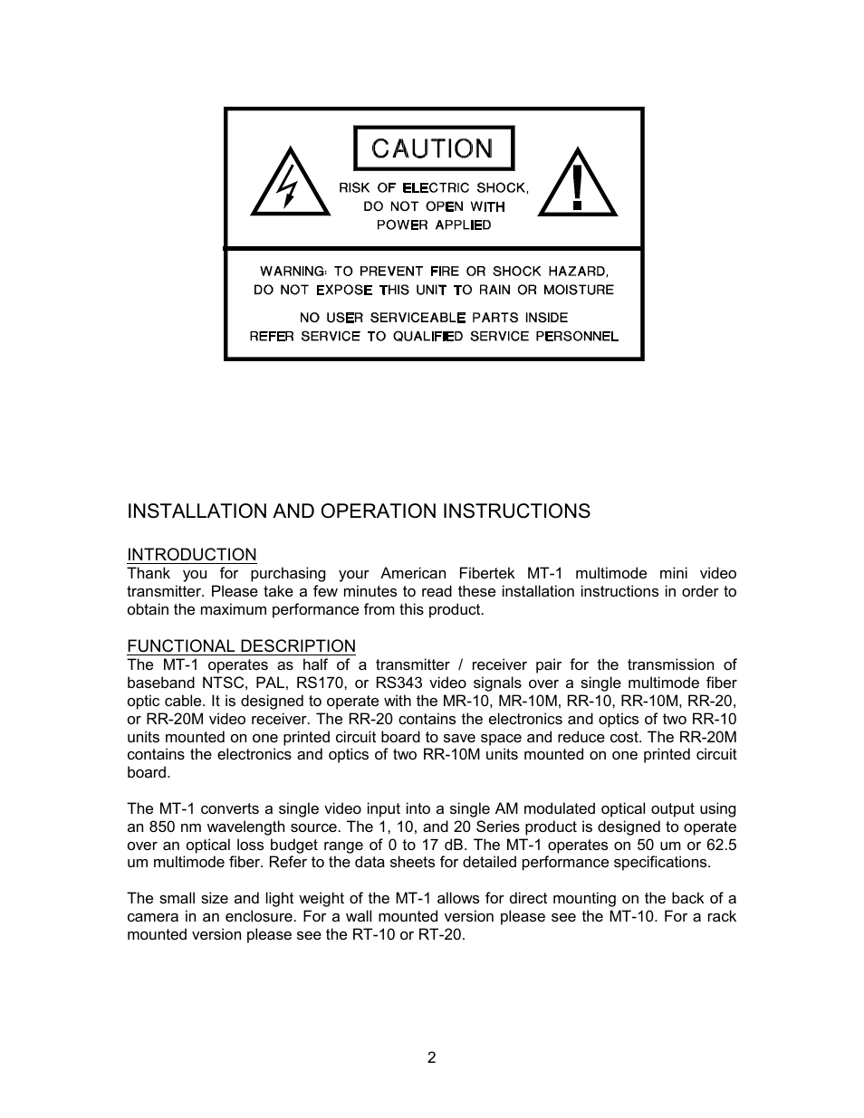 Installation and operation instructions | American Fibertek MT-1 User Manual | Page 2 / 4