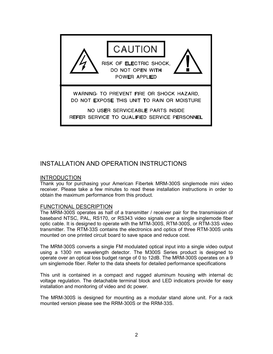 Installation and operation instructions | American Fibertek MRM-300S User Manual | Page 2 / 4